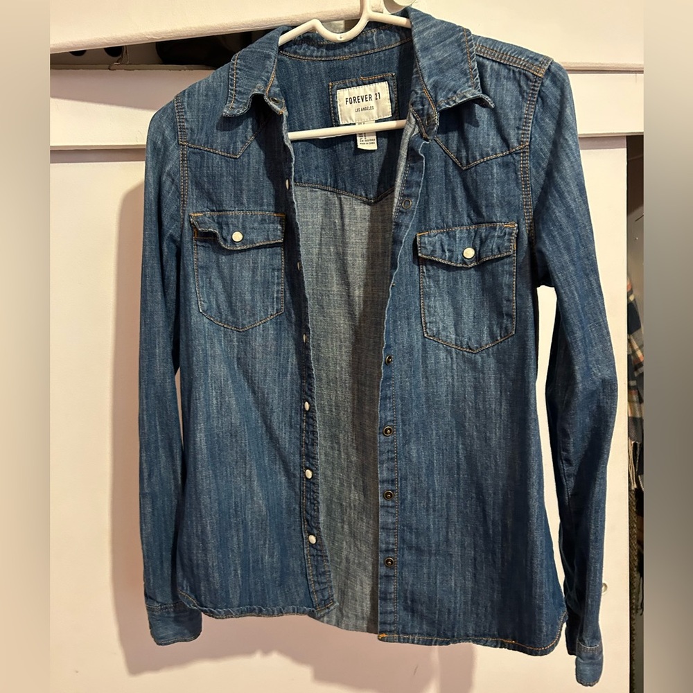 Forever 21 Blue Denim Long Sleeve Shirt size small joggers Y2K